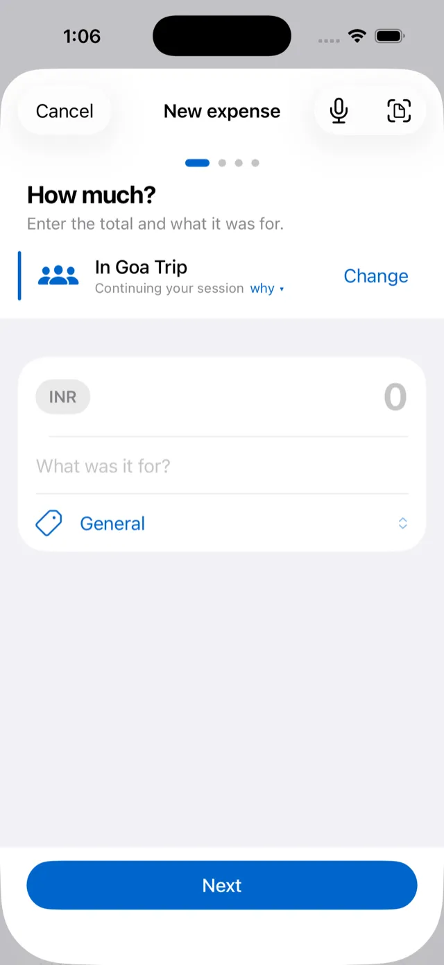 New expense screen with voice and scan shortcuts, adding an expense to a group