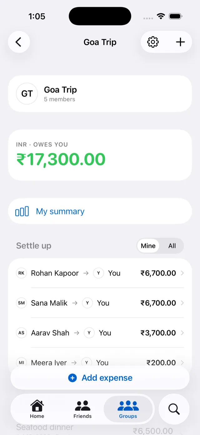 Expensease group screen showing a Goa Trip balance of ₹17,300 owed to you and a settle-up list