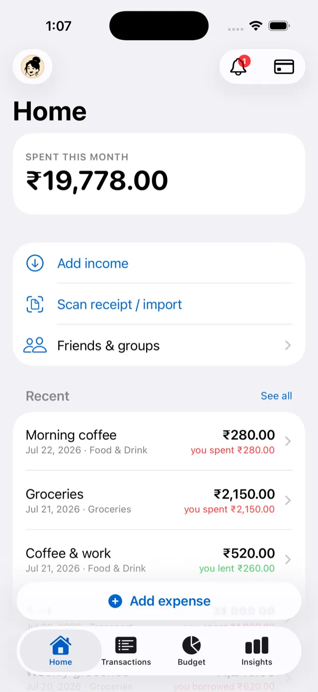 Personal tracking home showing spent this month and recent transactions